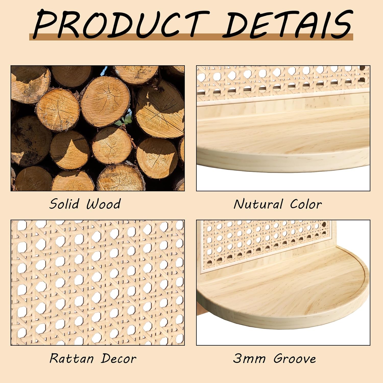 7'' Rattan Shelves / Natural / 9.25*5.41*11.61 Inch / Set of 3
