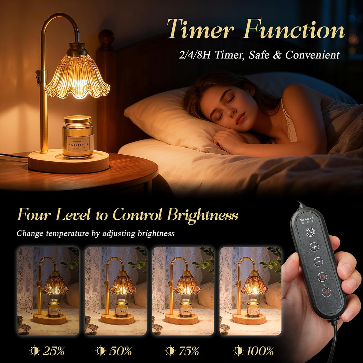 Flower Candle Warmer Lamp with Timer & 4-Level Dimmer, Adjustable Height | Flameless Electric Wax Warmer for Jar