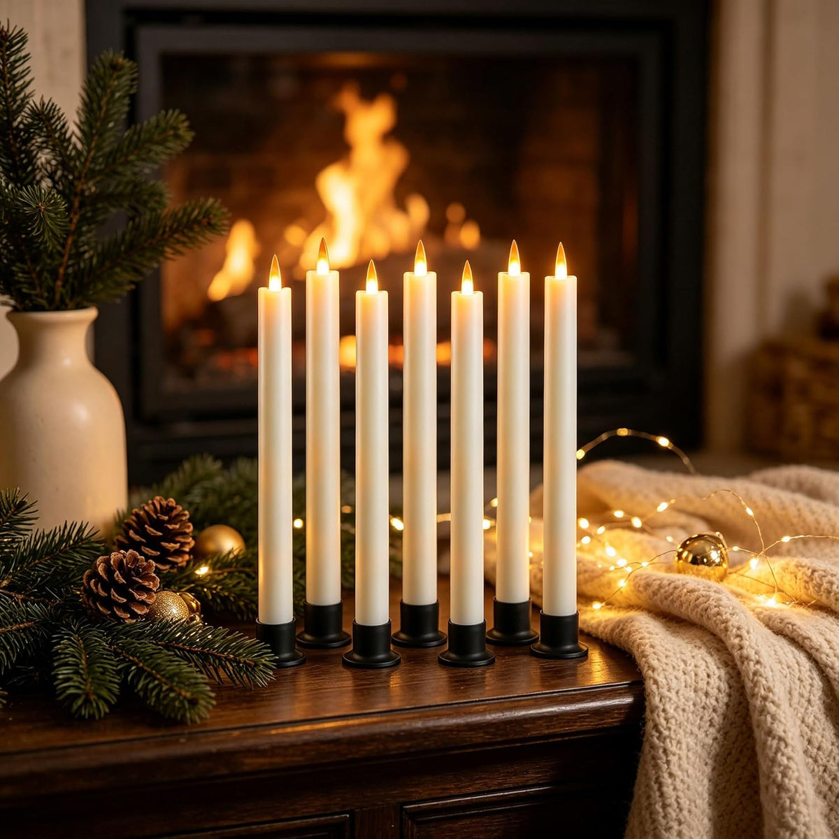 Da by 6 Flameless Window Candles with Remote Controller & Timer, LED Cone Stick Candle, Free 6 Black Bases, 9.6 Inch