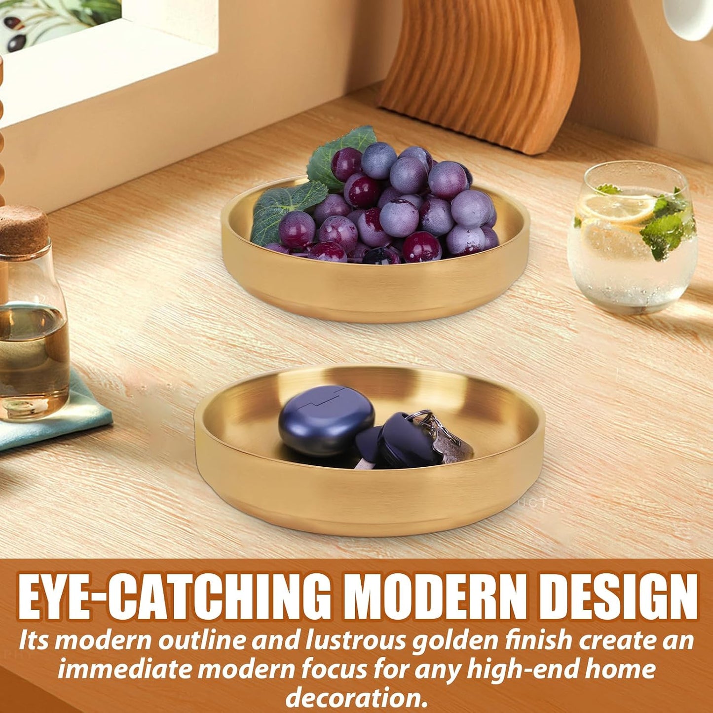 Key Bowl for Entryway- Table Decorative Key Dish for Organizing Tabletop Catch All / Gold / Set of 2