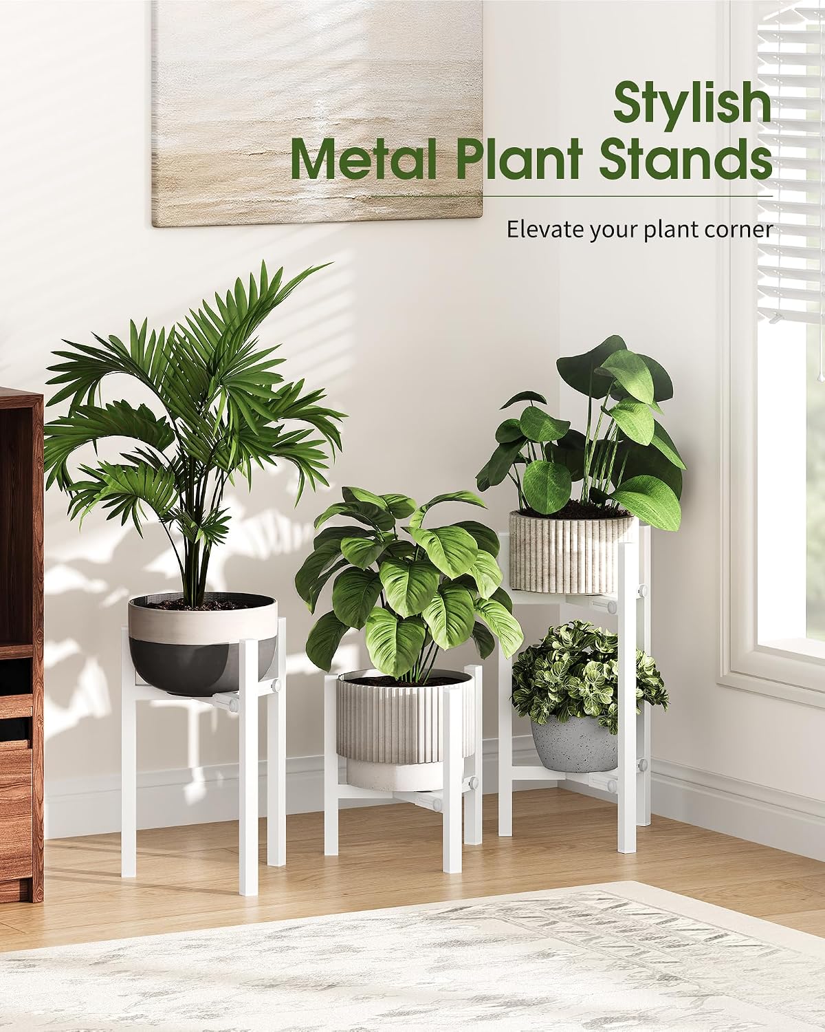 3 Pack Plant Stand Indoor Adjustable, Metal Modern Indoor Plant Stand, Heavy Duty Single Plant Stands Outdoor Corner
