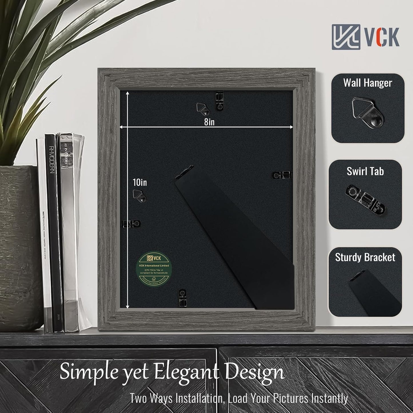 VCK 8x10 Picture Frame Grey 4 Pack, Wide Thick Wood Border, for Photo | Exclusive Woodgrain, Wall/Tabletop, HD