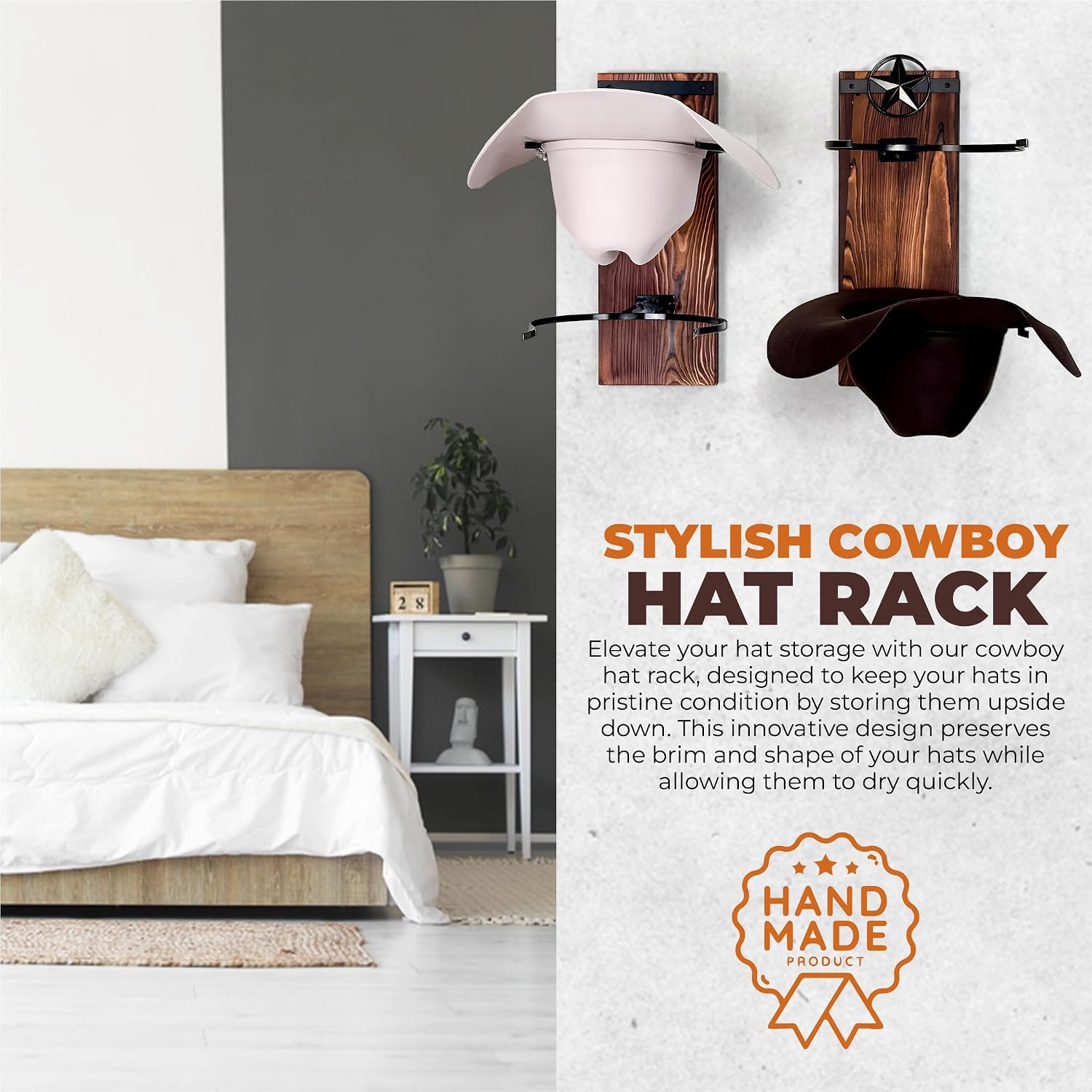 Cowboy Hat Rack for Wall | Western Hat Hanger | Rustic Wood and Metal Holder