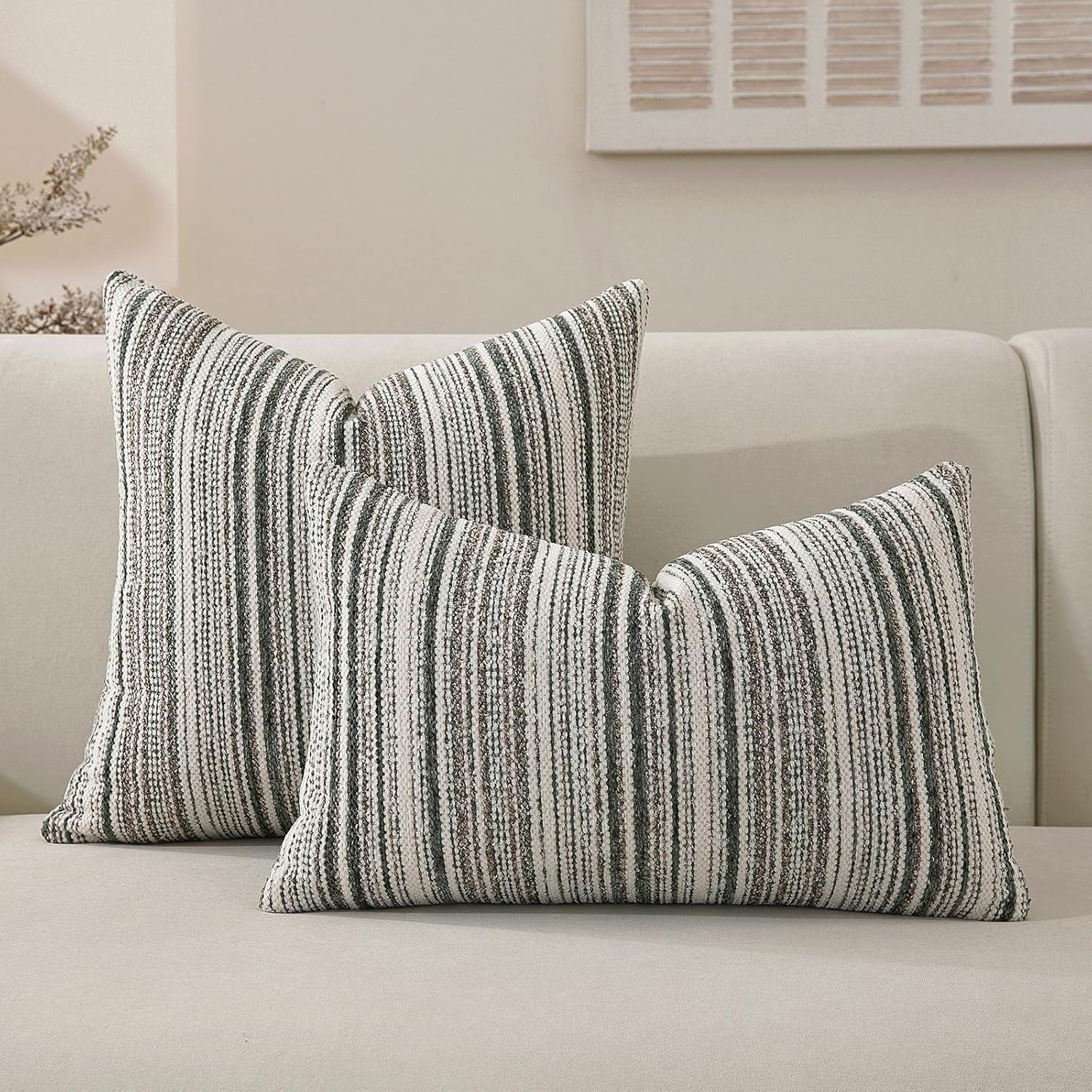 Boho Throw Pillow Covers / Green Strip / 18 x 18 / Set of 2
