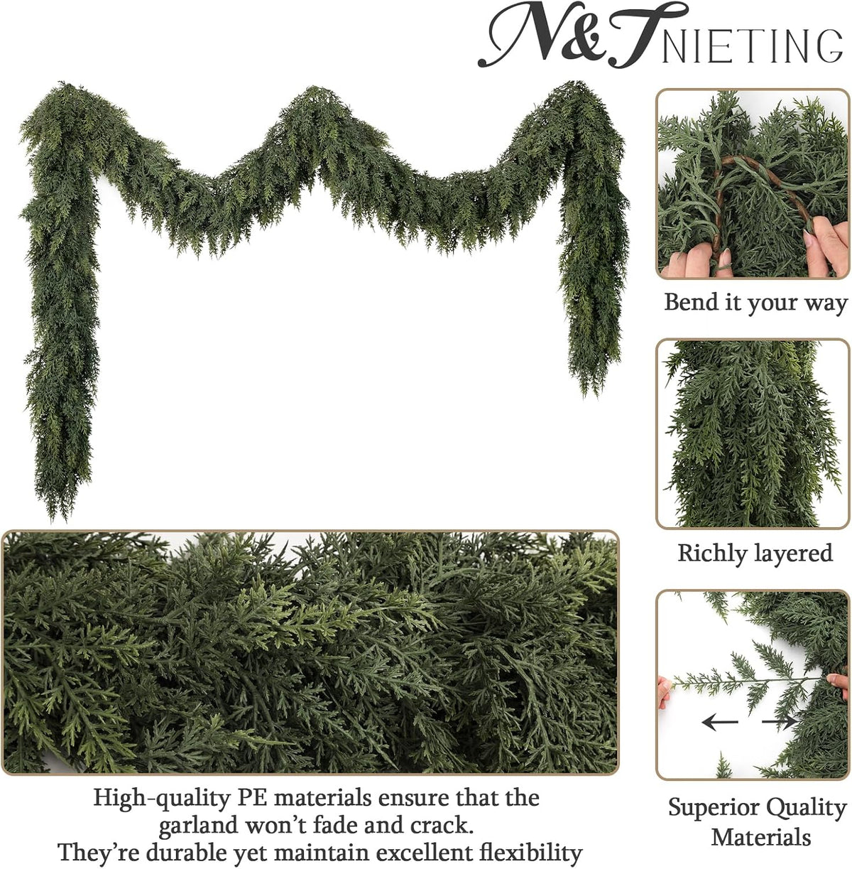 2PCS 9FT Christmas Cedar Garland, Real Touch Soft Greenery Xmas Decorations | Realistic Thick Full Lush Faux Garland