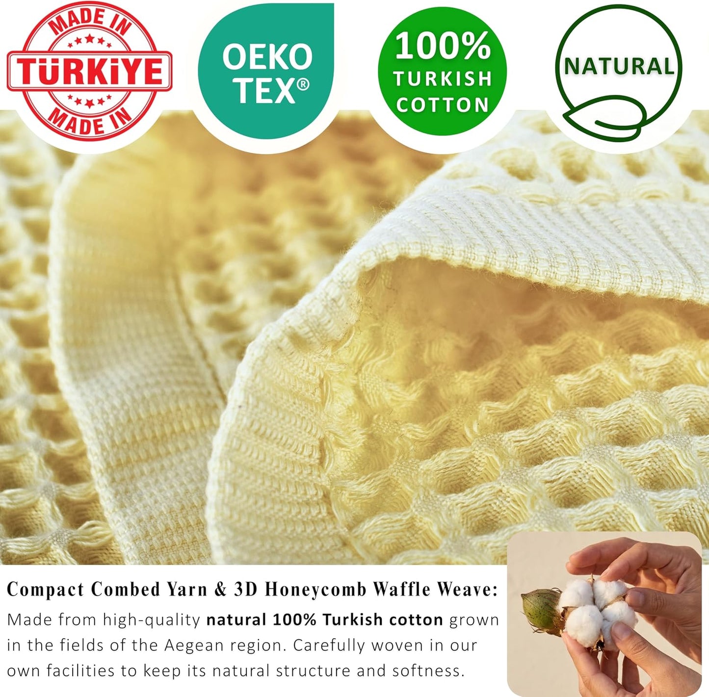 PÜSKÜL Natural 100% Turkish Cotton Waffle Bath Towels Set of 2, Extra-Large | Light Yellow, Oversize 32x63" Bath sheet