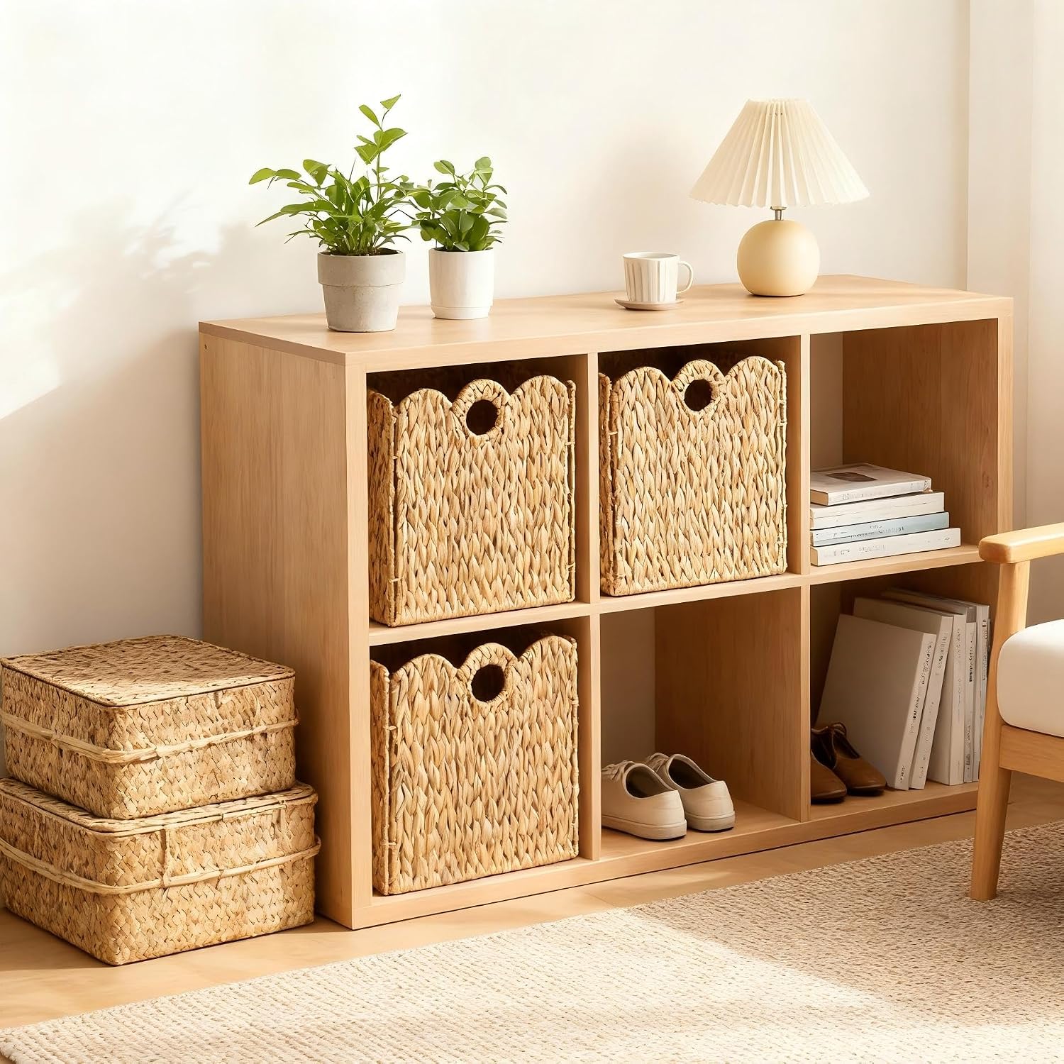 Scalloped Wicker Storage Cubes Basket / Light Beige / 12 x 12 x 12 / In&4-pack / Set of 4