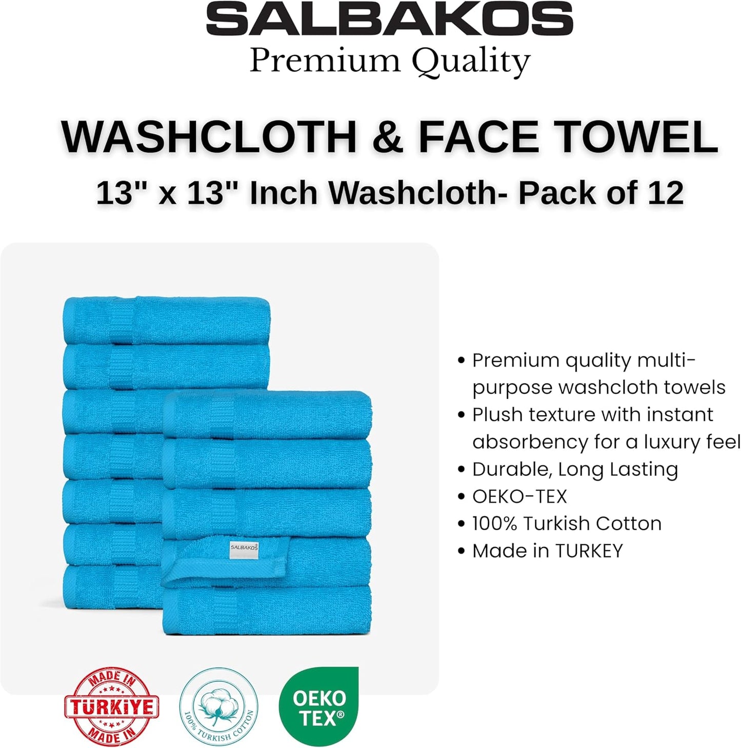 SALBAKOS 12-Piece 100% Turkish Cotton Washcloths and Face Towels, Aqua | 13x13 in Standard Size Small Towel, Multi-use