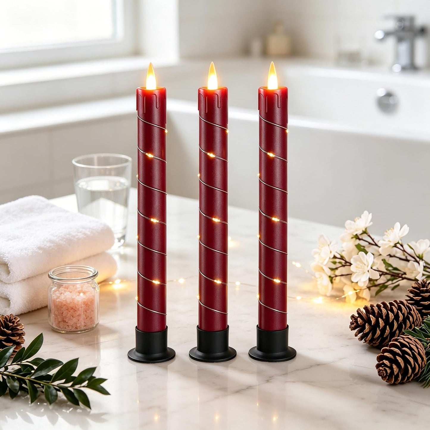 Da by 3 Pack Red Dripping Wax Flameless Candles, Realistic Dynamic Flame LED Taper Candles with Surrounding Fairy