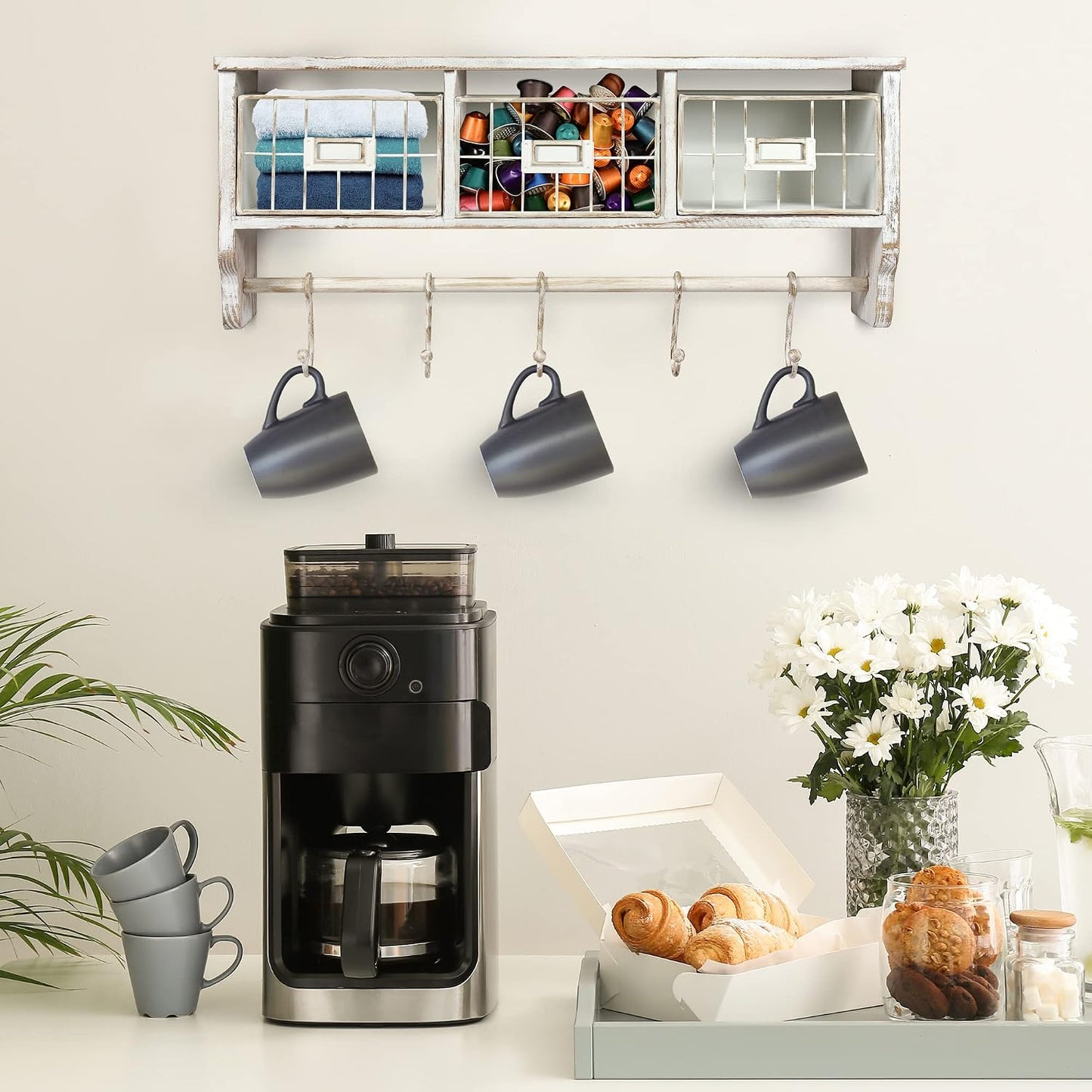 HBCY Creations Wall Mounted Shelf with Coat Hooks and Baskets, Solid Wood Entryway Organizer Wall Shelf with Hooks