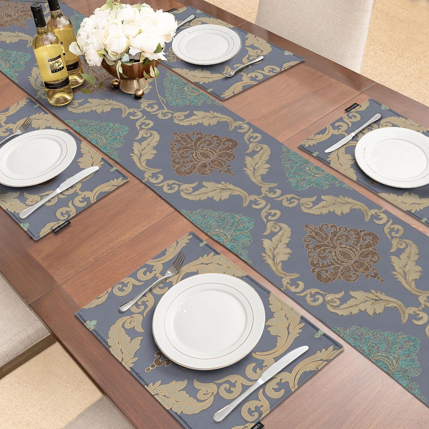 Loom and Mill Luxury Damask Table Runner 108 Inches Long, Grey Blue | Traditional Jacquard Table Runners with Handmade