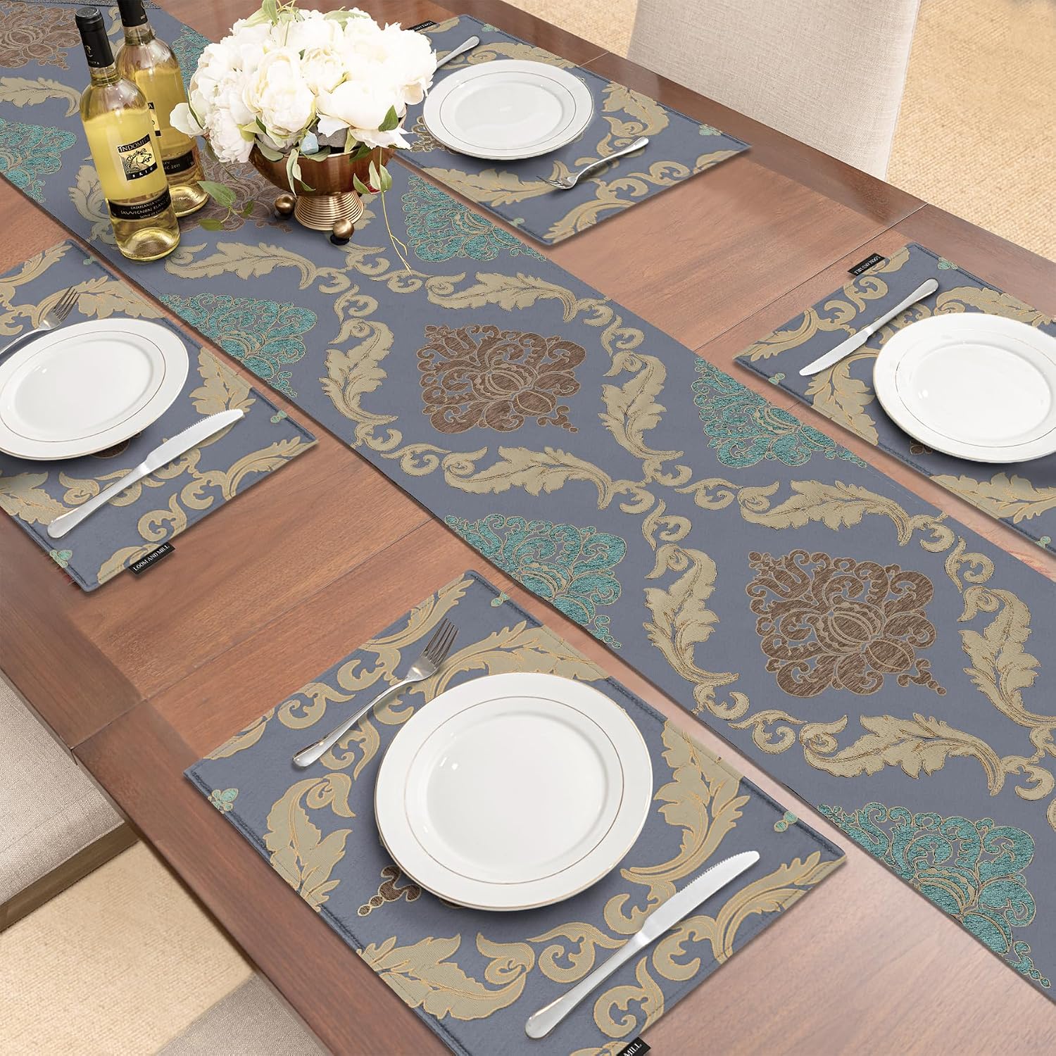 Loom and Mill Luxury Damask Table Runner 108 Inches Long, Grey Blue | Traditional Jacquard Table Runners with Handmade