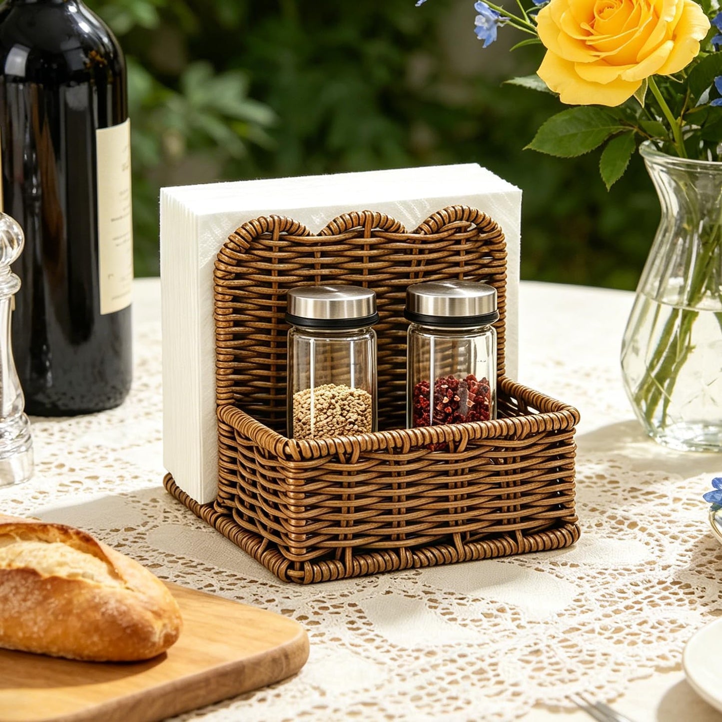 Plastic Rattan Scalloped Perimeter Napkin Holder / Brown