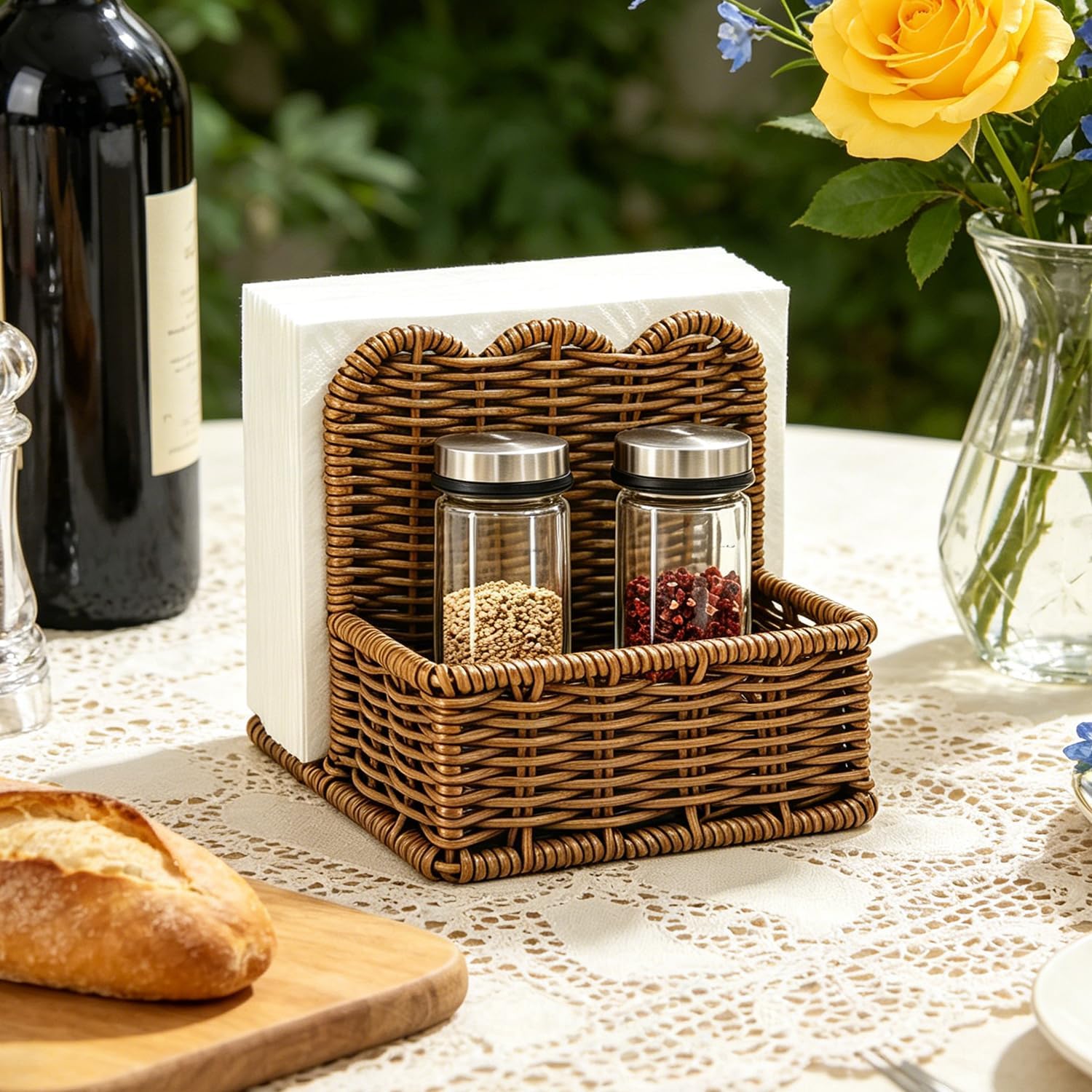Plastic Rattan Scalloped Perimeter Napkin Holder / Brown