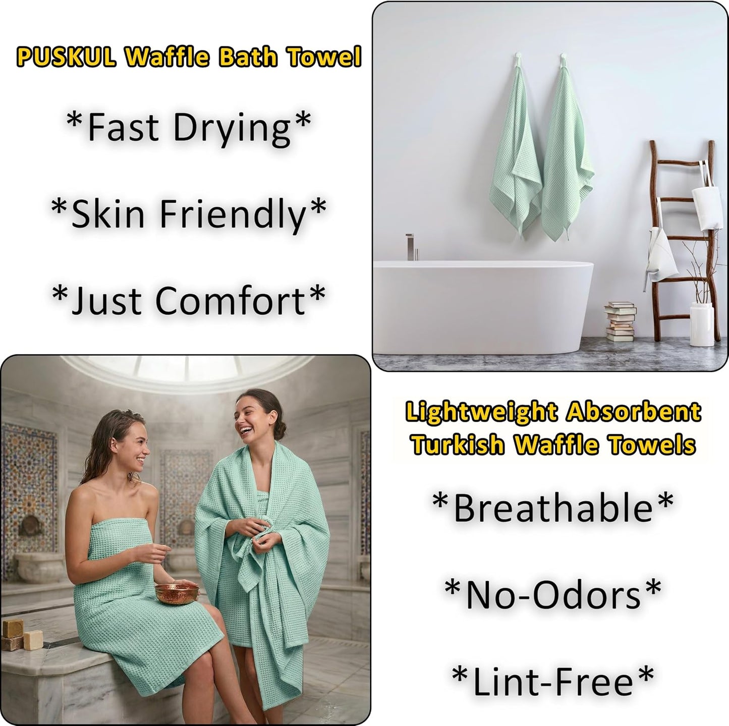 PÜSKÜL Natural 100% Turkish Cotton Waffle Bath Towels Set of 2, Extra-Large | Ice Green, Oversize 32x63" Bath sheet