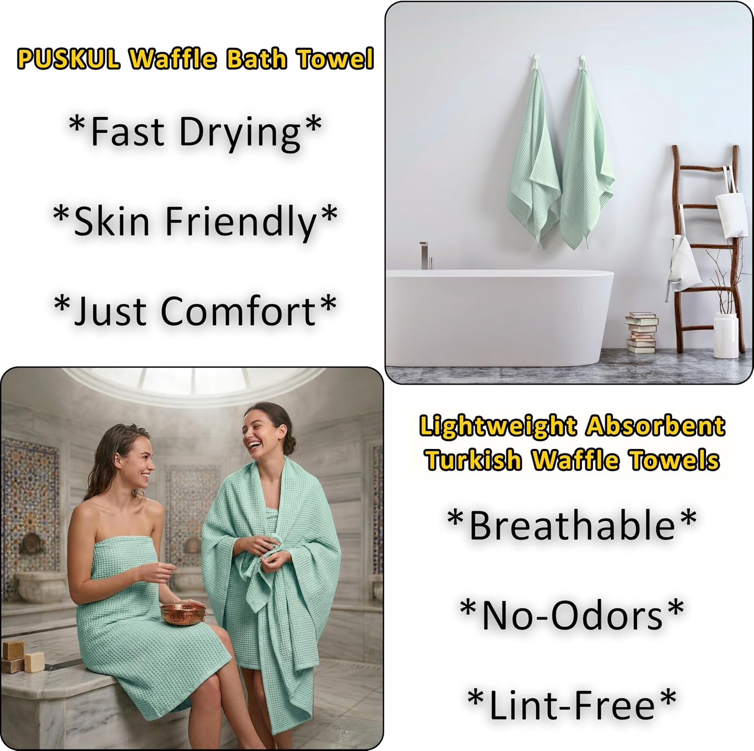 PÜSKÜL Natural 100% Turkish Cotton Waffle Bath Towels Set of 2, Extra-Large | Ice Green, Oversize 32x63" Bath sheet