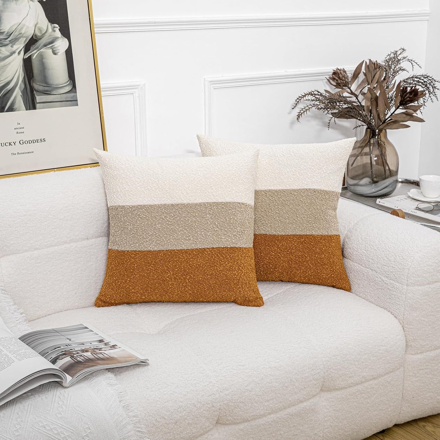 Decorative Textured Boucle Pillow Covers Modern / 18 x 18 / Cream/khaki/orange Brown / Set of 2