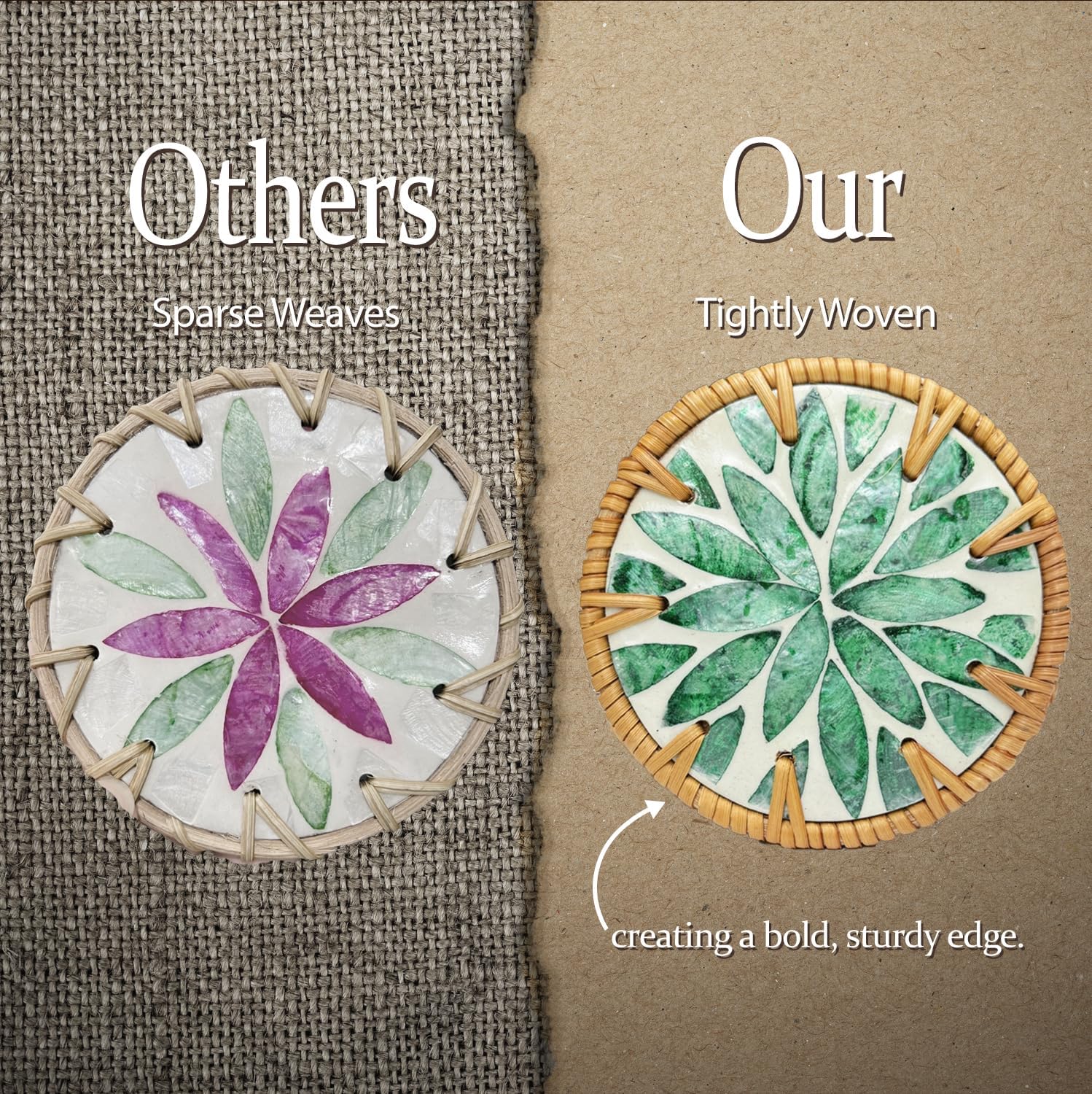 Holder Rattan & Mother of Pearl Drink Coasters / Botanical Green / Set of 6