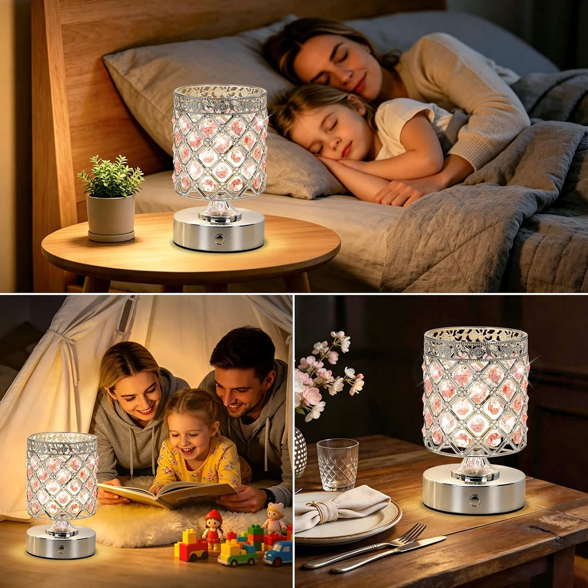 Pink Crystal Rechargeable Cordless Table Lamp, Touch Small Desk Lamp | 6000mAh Battery, 3 Color Temps, Stepless