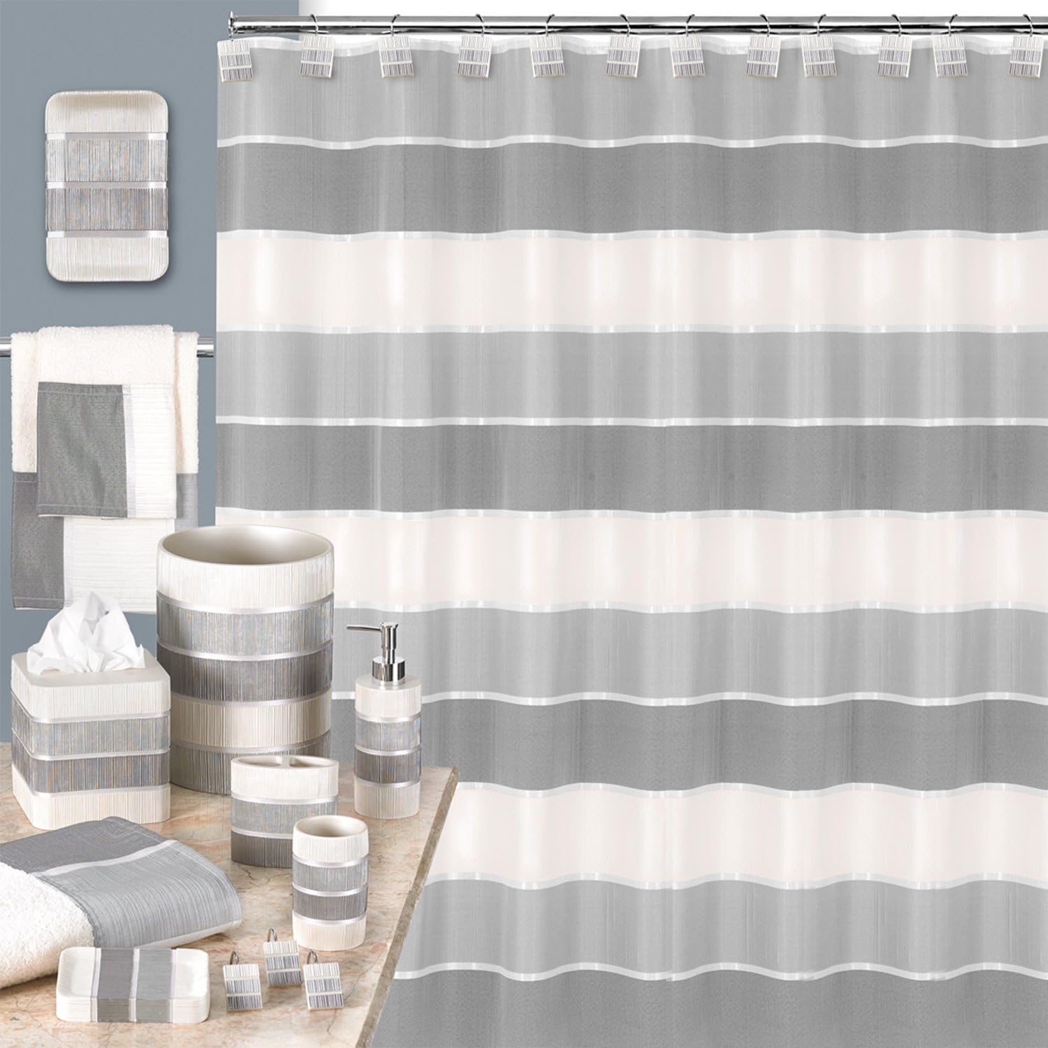 Zahari Home 13pc Modern Line Shower Curtain Set - Gray Luxury Contemporary Shower Curtains with Unique Design & 12 Hooks
