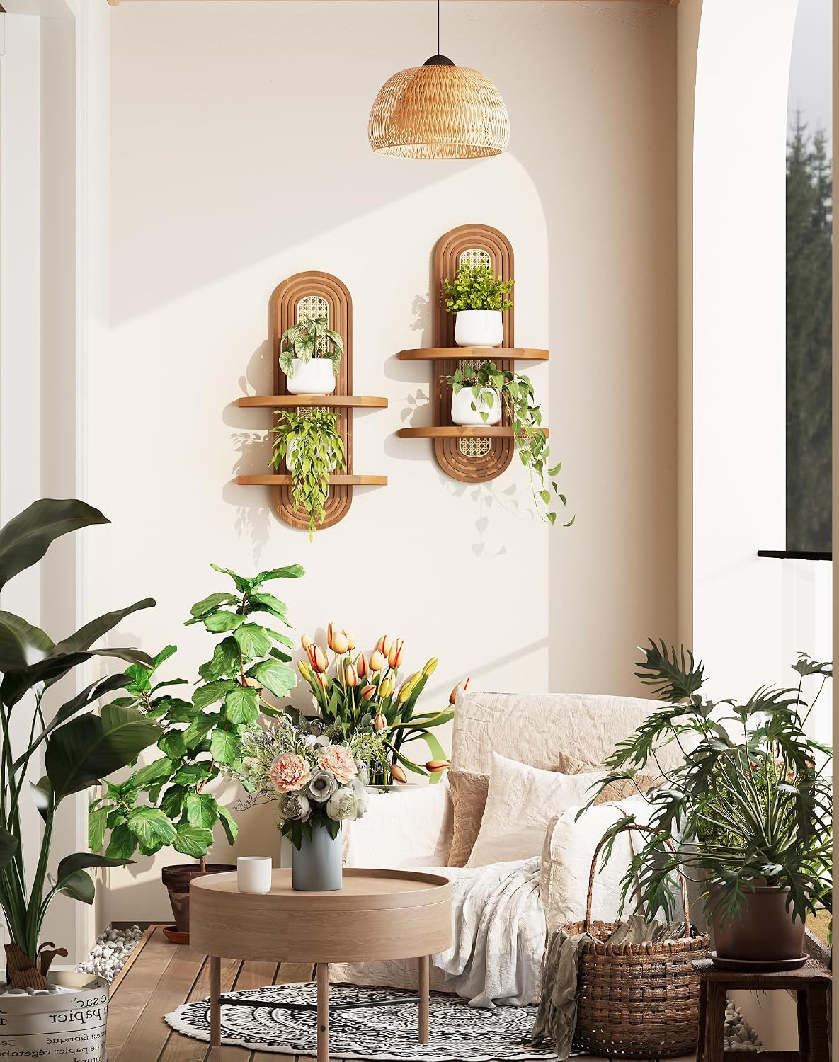 Floating Shelves / 2-Tier Rattan Plant Shelf / Walnut