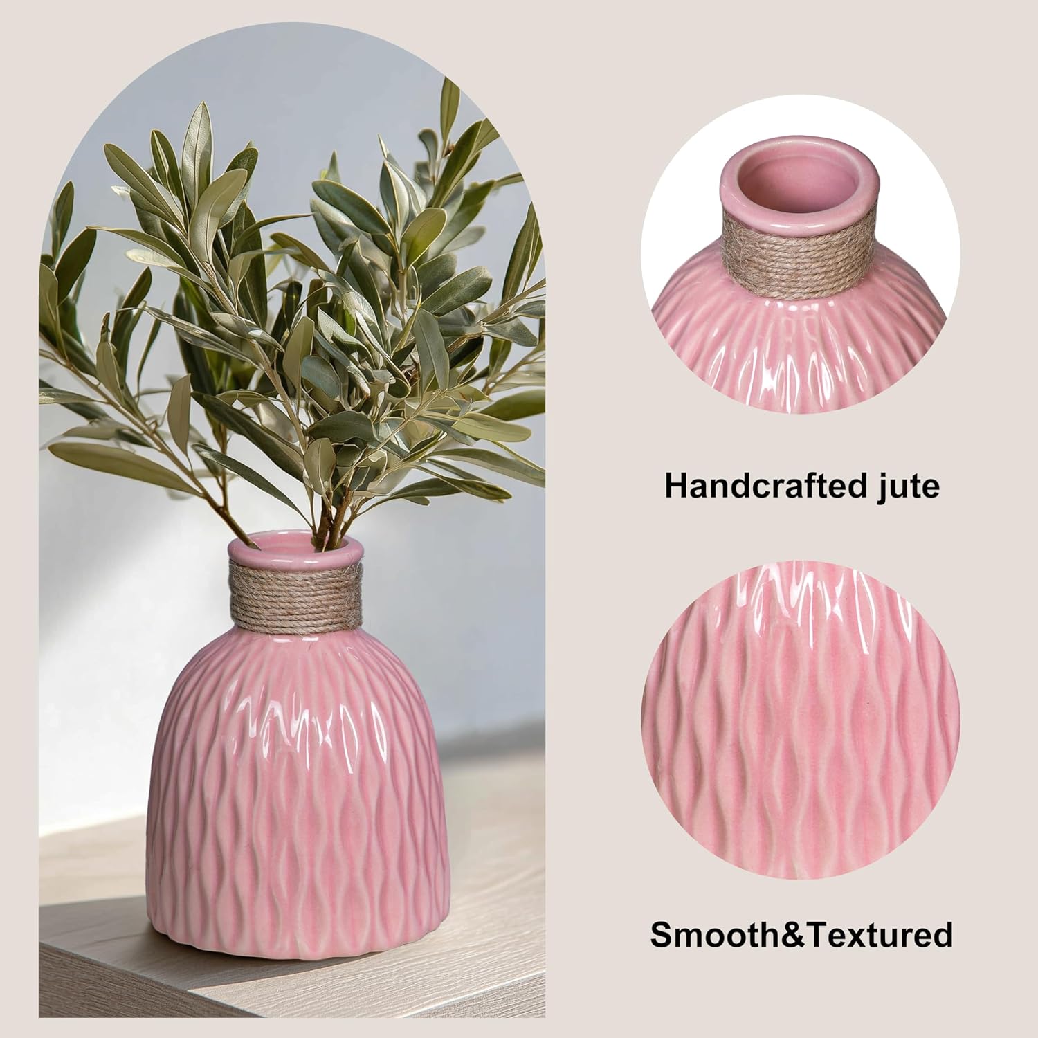 Modern Vases / Small Ceramic Vases for Flowers / Pink / 6 Inch