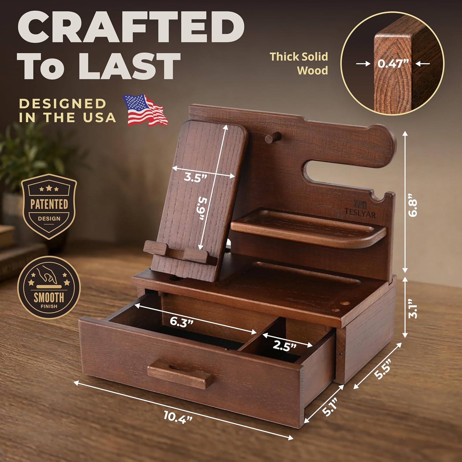 TESLYAR Wood Phone Docking Station with Drawer - Nightstand Organizer - Desk Organizer for Husband - Birthday Gifts for