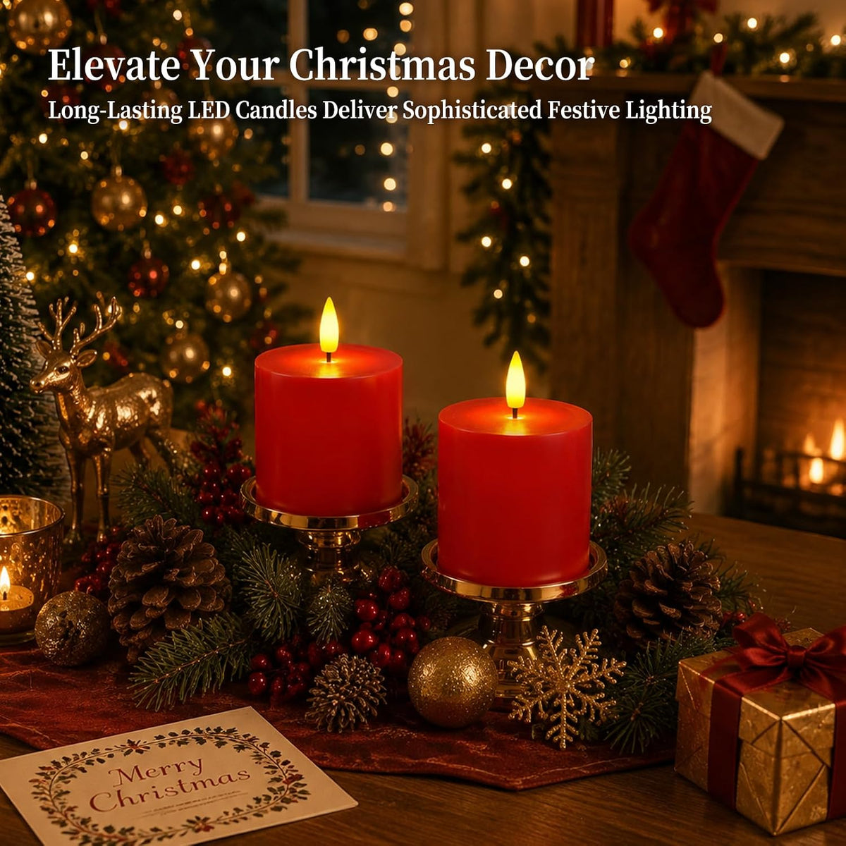Homemory 3x3 Red Flameless Candles Battery Operated with Remote Timer, 2PC | Real Wax LED Pillar Candles with Realistic