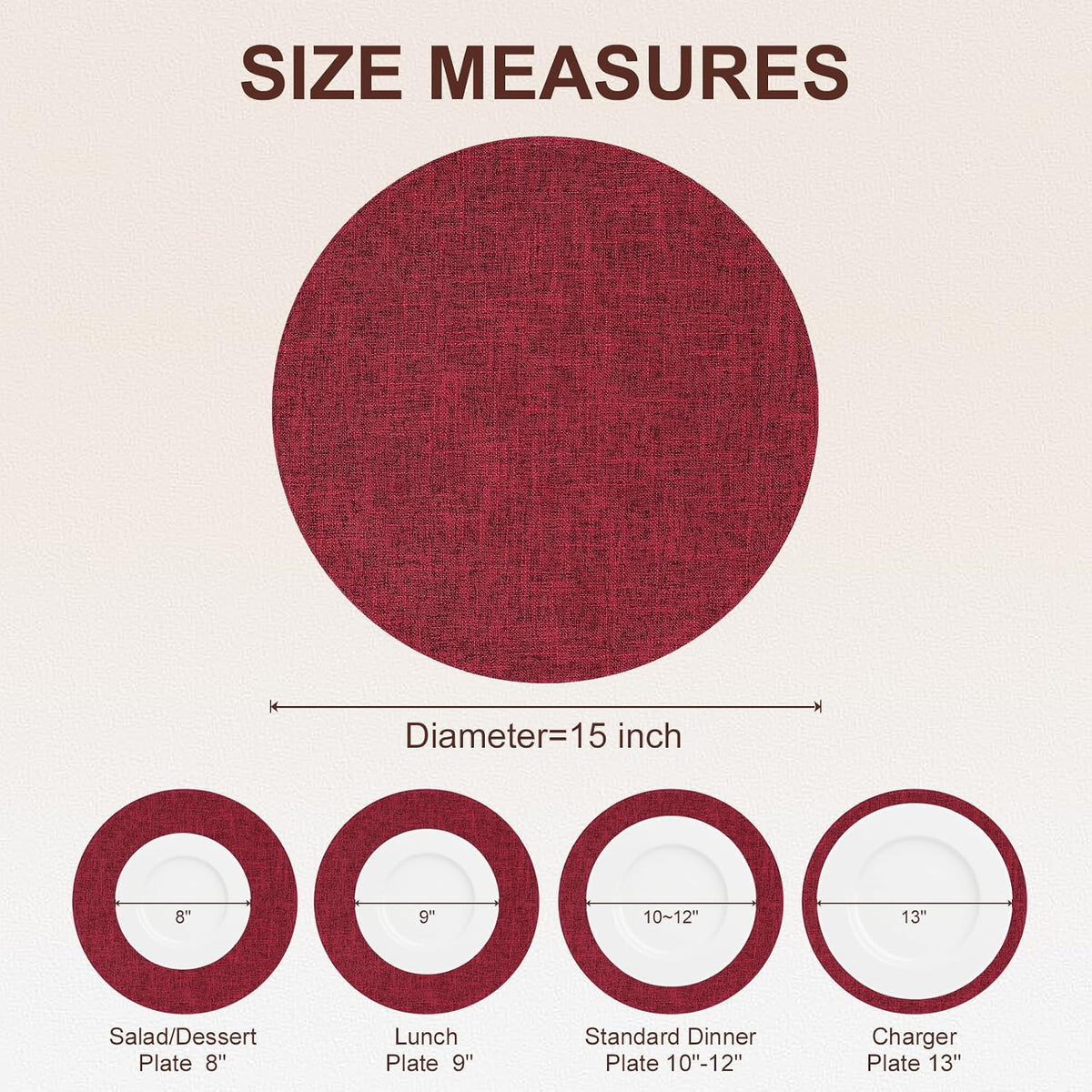 Cotton Linen 15 Inch Round Cloth Place mats, Set of 6, Red | Washable Table Mats, Heat Resistant, Reversible, Wipeable