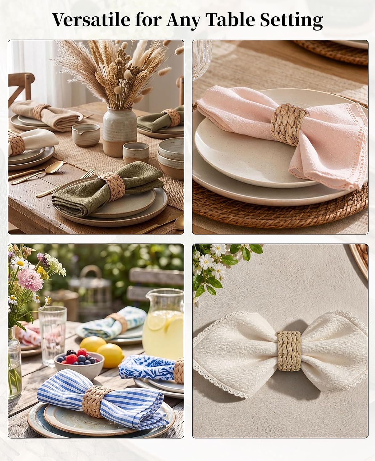 Handwoven Semicircle Water Hyacinth Wicker Napkin Holders for Rustic Boho Farmhouse Table