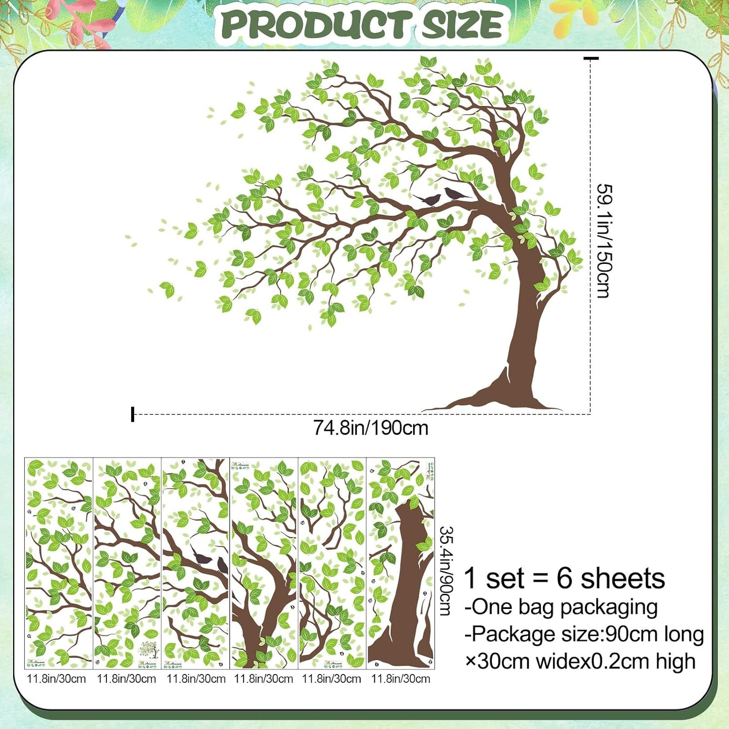 Peel & Stick Wall Stickers / Brown Trunk Green Leaves / 74.8 x 59