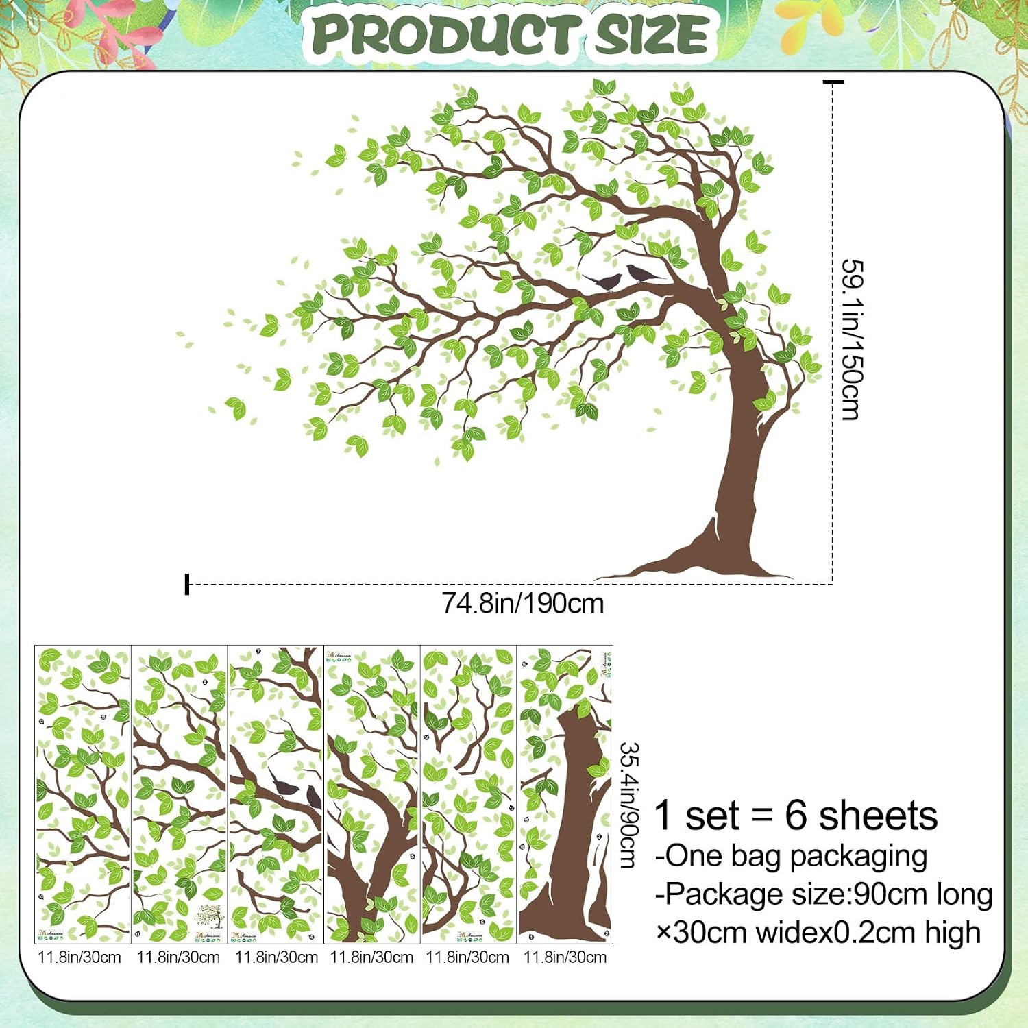 Peel & Stick Wall Stickers / Brown Trunk Green Leaves / 74.8 x 59