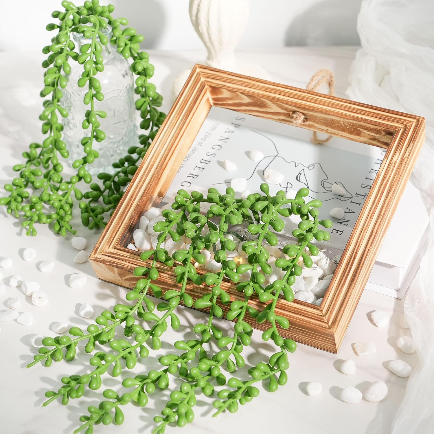 Artificial Succulents Plants in Square Wooden Frame / Burnt Wood / Set of 2