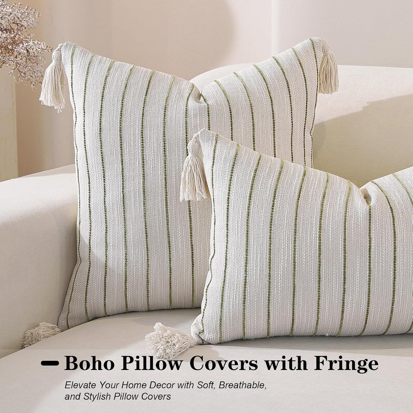 Decorative Boho Throw Pillow Covers / Dusky Green Striped / 18 x 18 / Set of 2