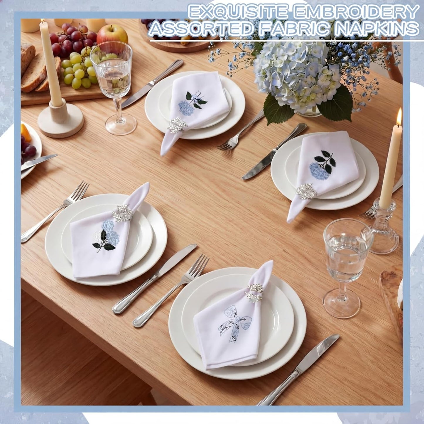HunnmingRe 12 Pcs Blue Hydrangea Cloth Napkins Bulk 100% Cotton, 17x17inch | Summer Floral Dinner Tea Party, Cocktail