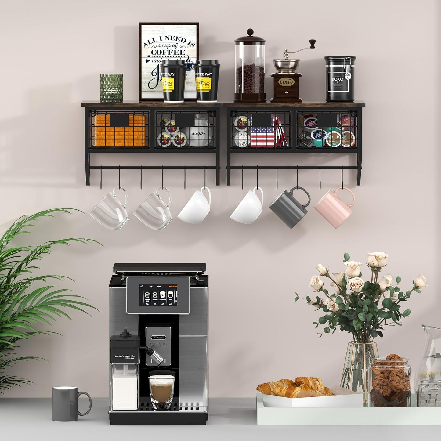 Helsin Industrial Wall Mounted Metal Wood Floating Shelves with Baskets Hooks Hanging Display Shelf Sundries Holder for