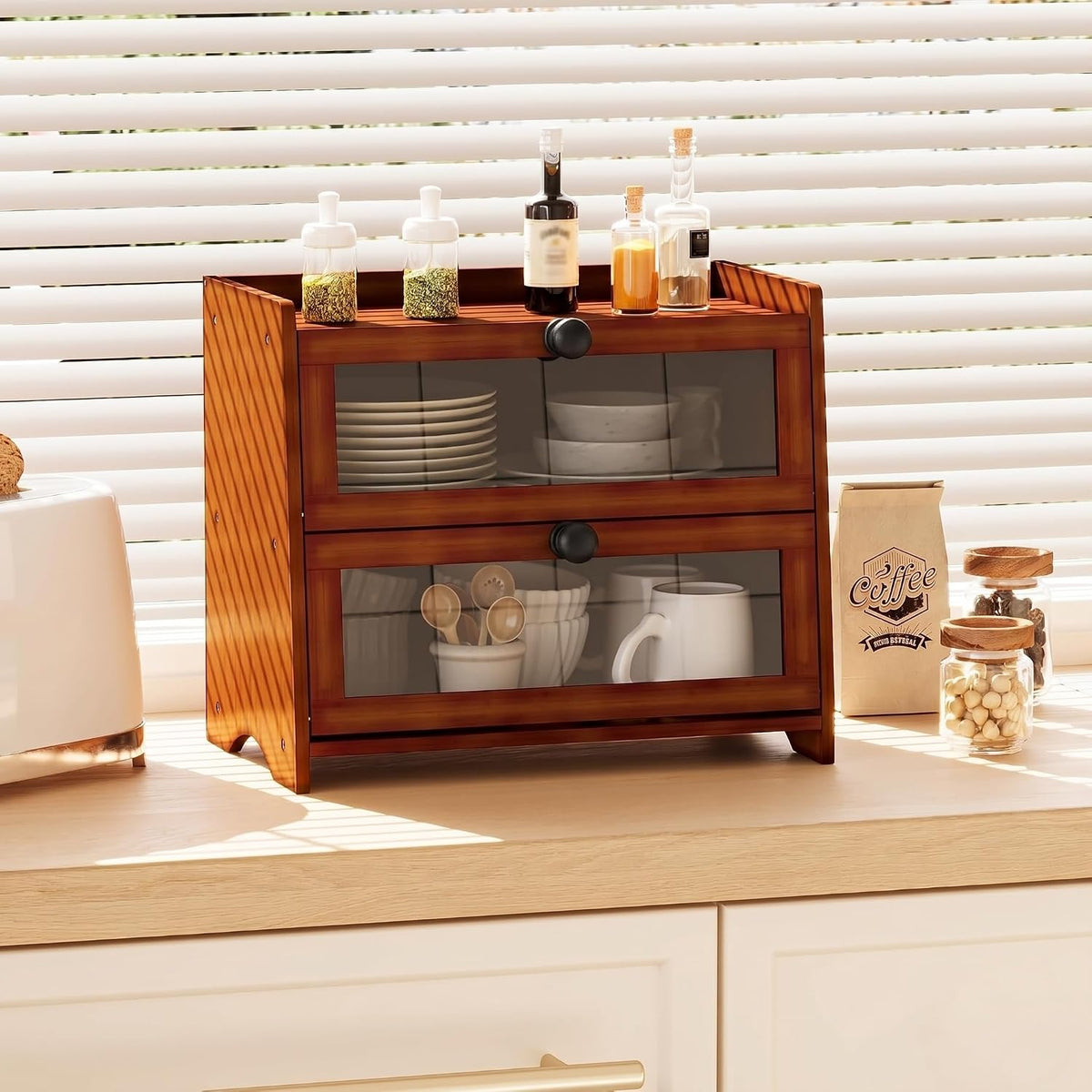 BAMBANG Bread Box for Kitchen Countertop, Extra Large Bamboo Bread Storage Container for Homemade Bread, Double Layer