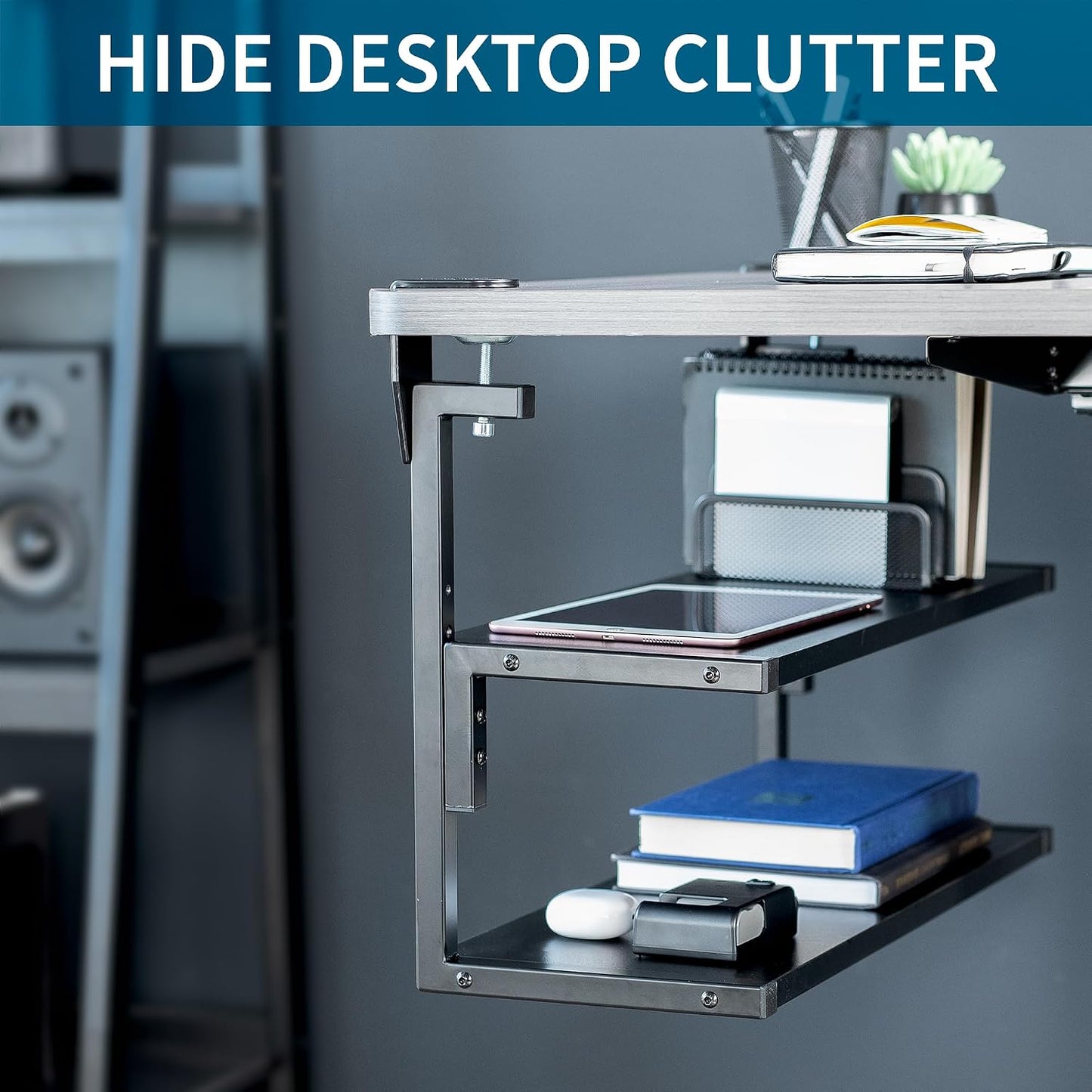 VIVO Black Clamp-on 24 inch 2-Tier Desk Shelf, STAND-SHELF24C | Above or Below Desk, 2 Level Shelving Unit for Table