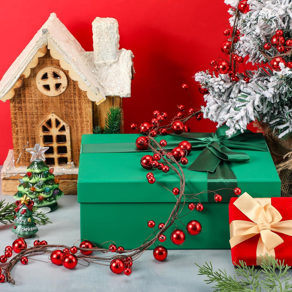 WILLBOND 18 ft Red Christmas Ball Garland Ball Ornaments Hanging Baubles Ornament for Xmas Christmas Tree Fireplace