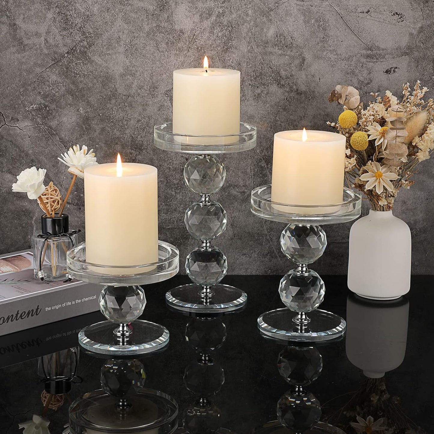 OwnMy Crystal Glass Pillar Candlestick Holders Pillar Candle Holders Sets | Clear Glass Tealight Holders Votive Candle