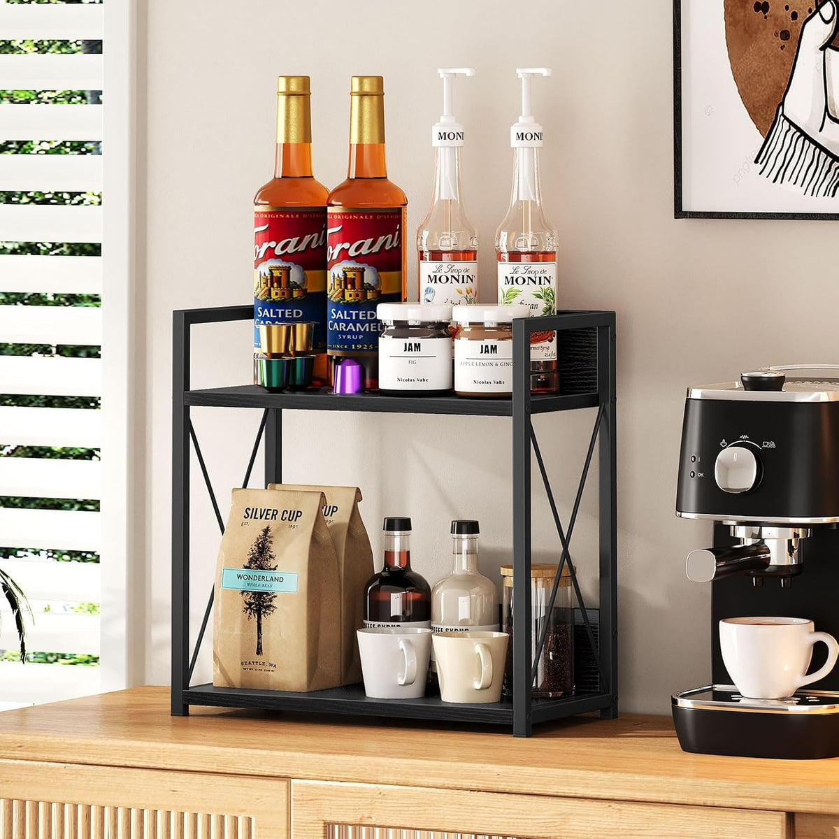 Giikin Kitchen Countertop Organizer, 2 Tier Coffee Bar Organizer, Black Spice Rack for Counter, Kitchen Counter