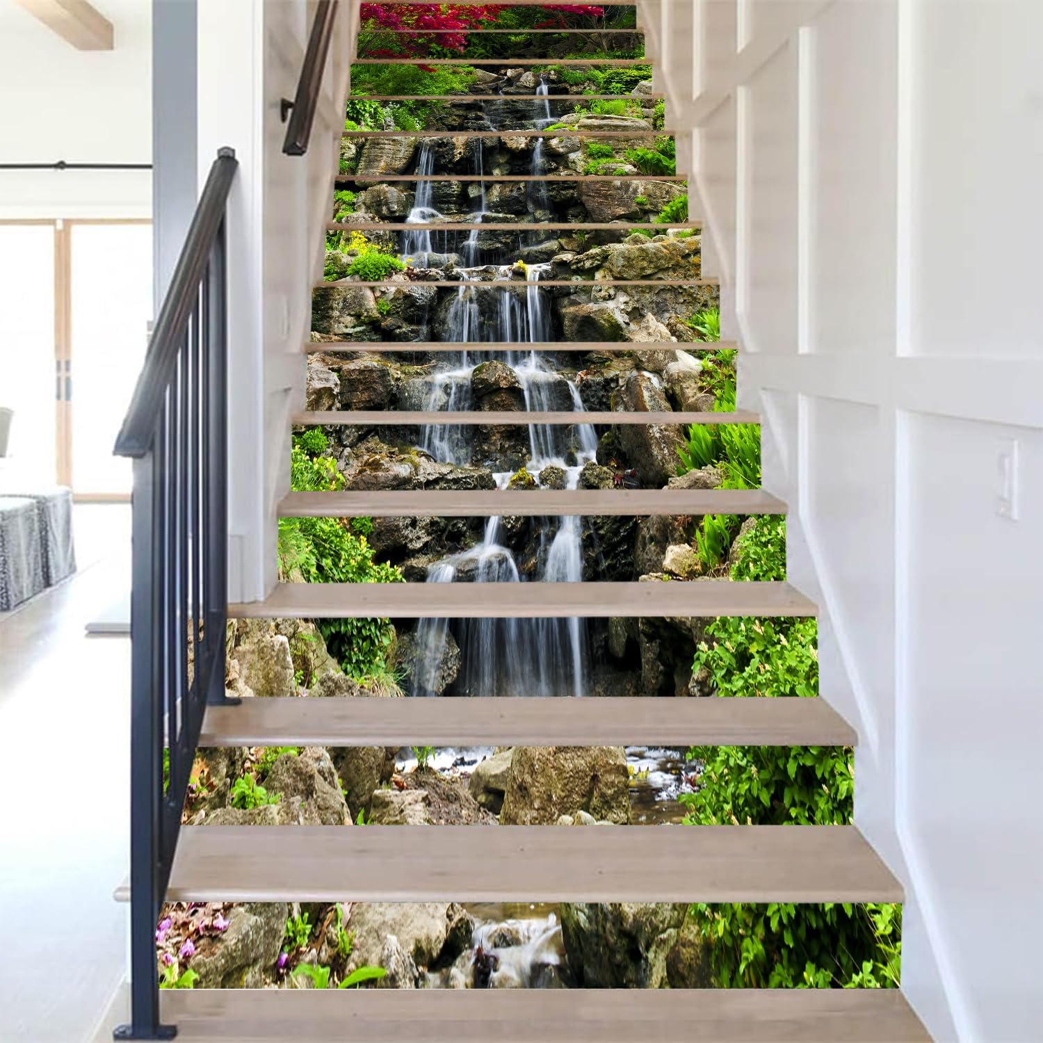 3D Small Waterfall in Mountains Stair Stickers Peel and Stick -Self-Adhesive / A3659 / Set of 13
