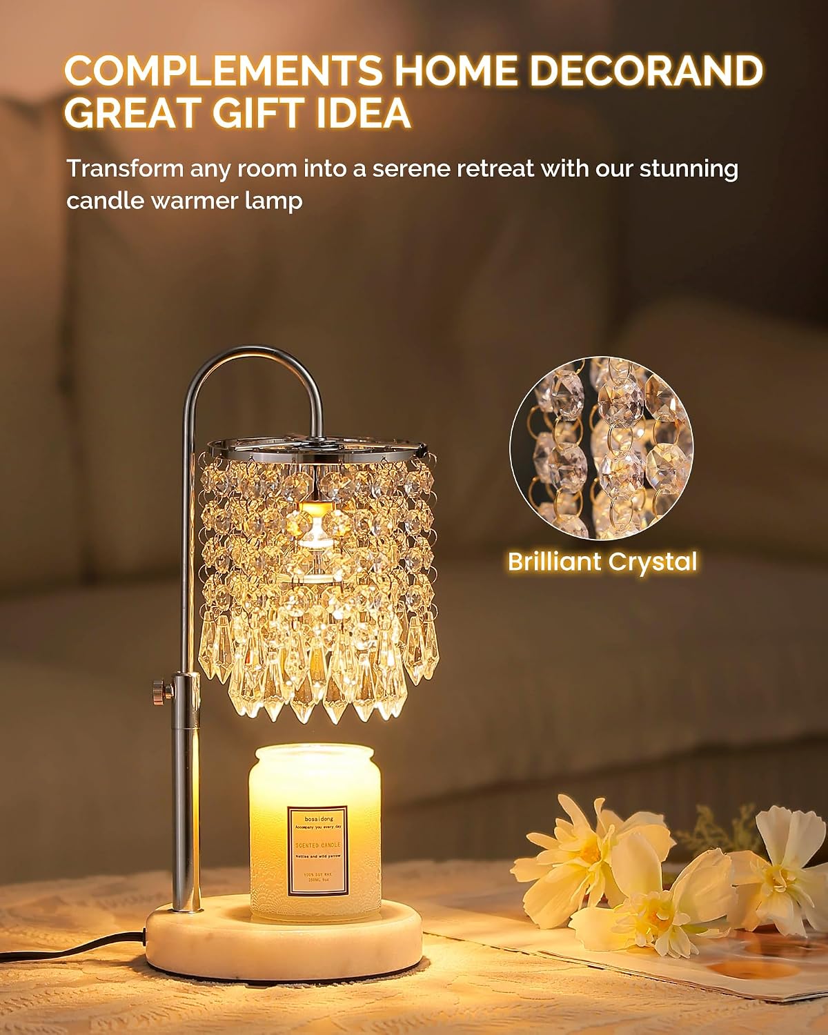 Candle Warmer Lamp with Timer Dimmer and 3 Bulbs, Candle Lamp Warmer with Marble Base for Adjustable Height, Crystal