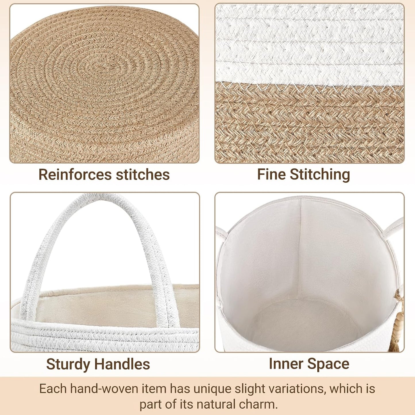 Woven Storage Basket Decorative Rope Basket Wooden Bead / Cream White and Brown / 11"W x 11"L