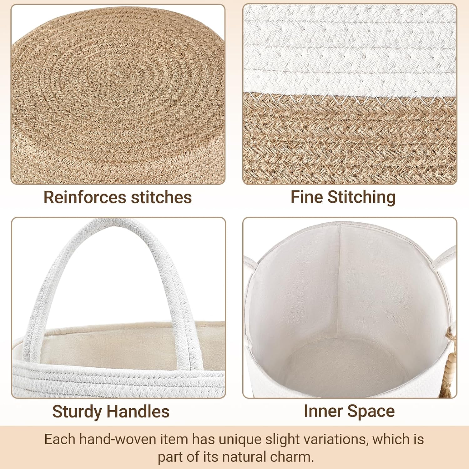 Woven Storage Basket Decorative Rope Basket Wooden Bead / Cream White and Brown / 11"W x 11"L