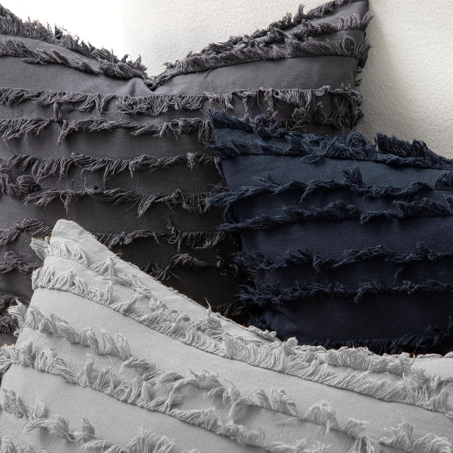 Decorative Boho Throw Pillow Covers Linen Striped Jacquard Pattern / 18 x 18 / Navy Blue / Set of 2