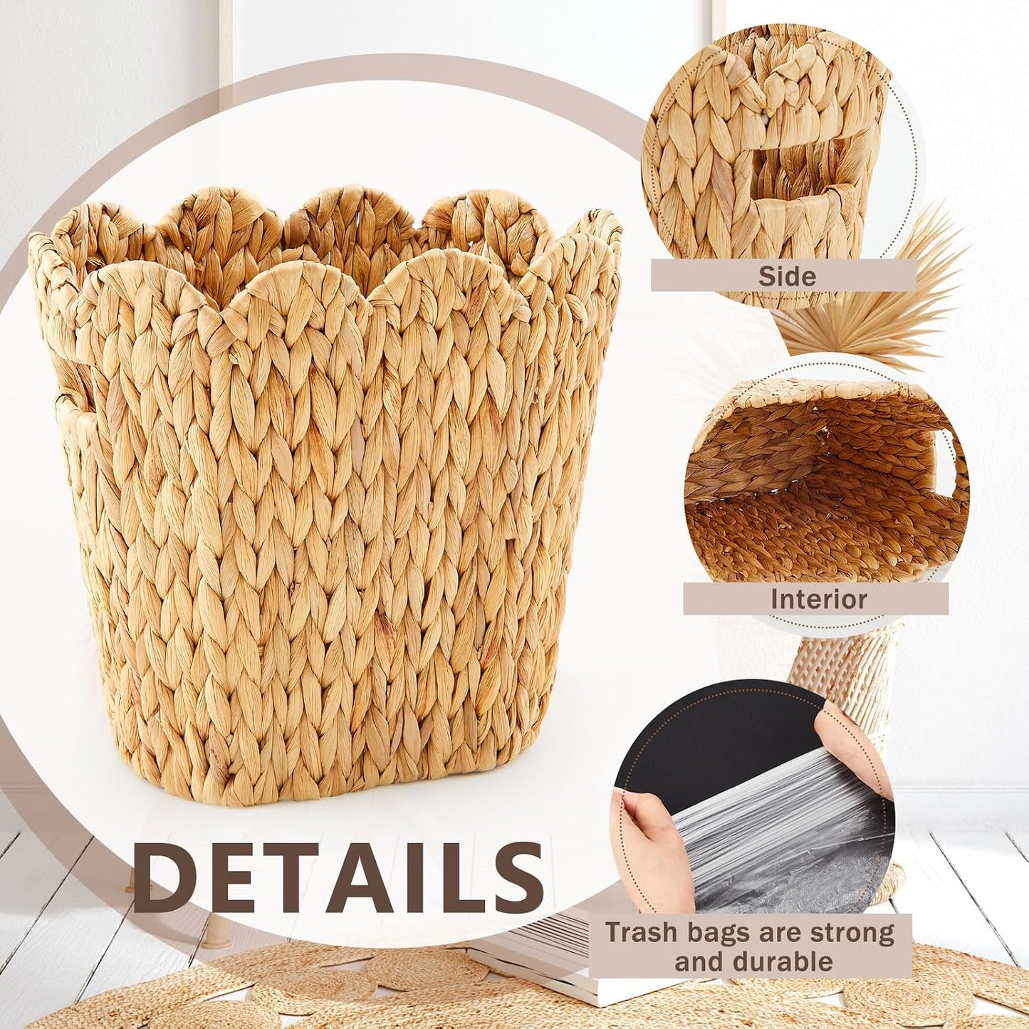 50 Small Trash Bag Wicker Waste Woven Basket / Calabash Vine / Scalloped Brim / Clear / Set of 2