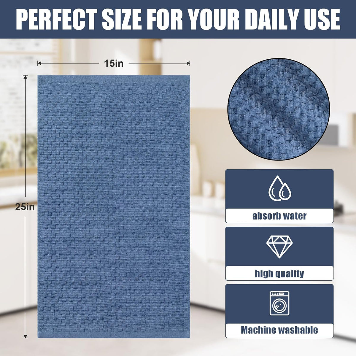 Homaxy 100% Cotton Terry Kitchen Towels(15" x 25", 12 Pack), Navy Blue | Soft and Super Absorbent Dish Towels, 380 GSM
