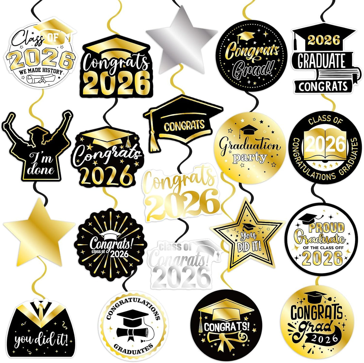 40Pcs Graduation Party Hanging Swirl Decorations, Black Glod Class of 2026 Congrats Grad Hanging Swirls Ceiling Decorations for 2026 Graduation Party Decor Supplies