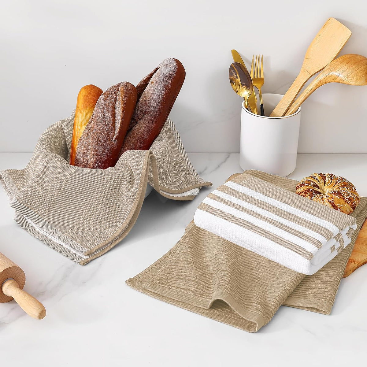 Homaxy Cotton 380 GSM Premium Kitchen Towels, 18"x 28", 9 Pack, Khaki | Soft and Absorbent Terry Dish Towels
